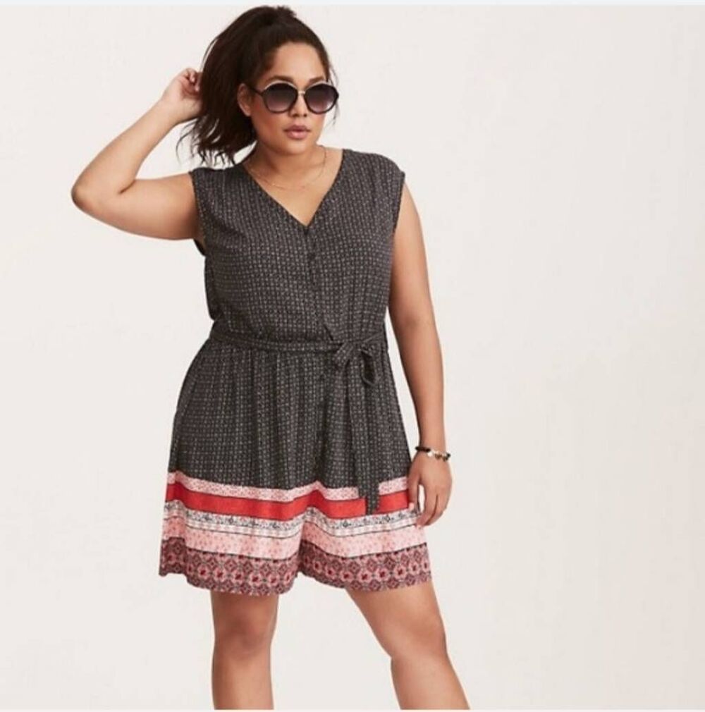 Torrid Border Print Button Front Challis Romper Belted 1XL Boho Festival Western